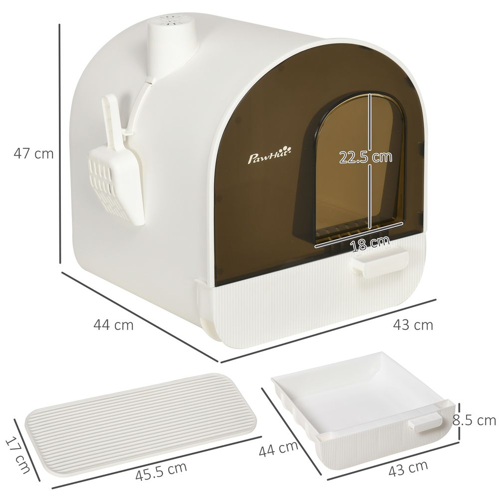 Hooded Cat Litter Tray - Kitten Toilet w/ Scoop, Filter, Flap Door - Best Quality, Easy Maintenance - 43x44x47cm